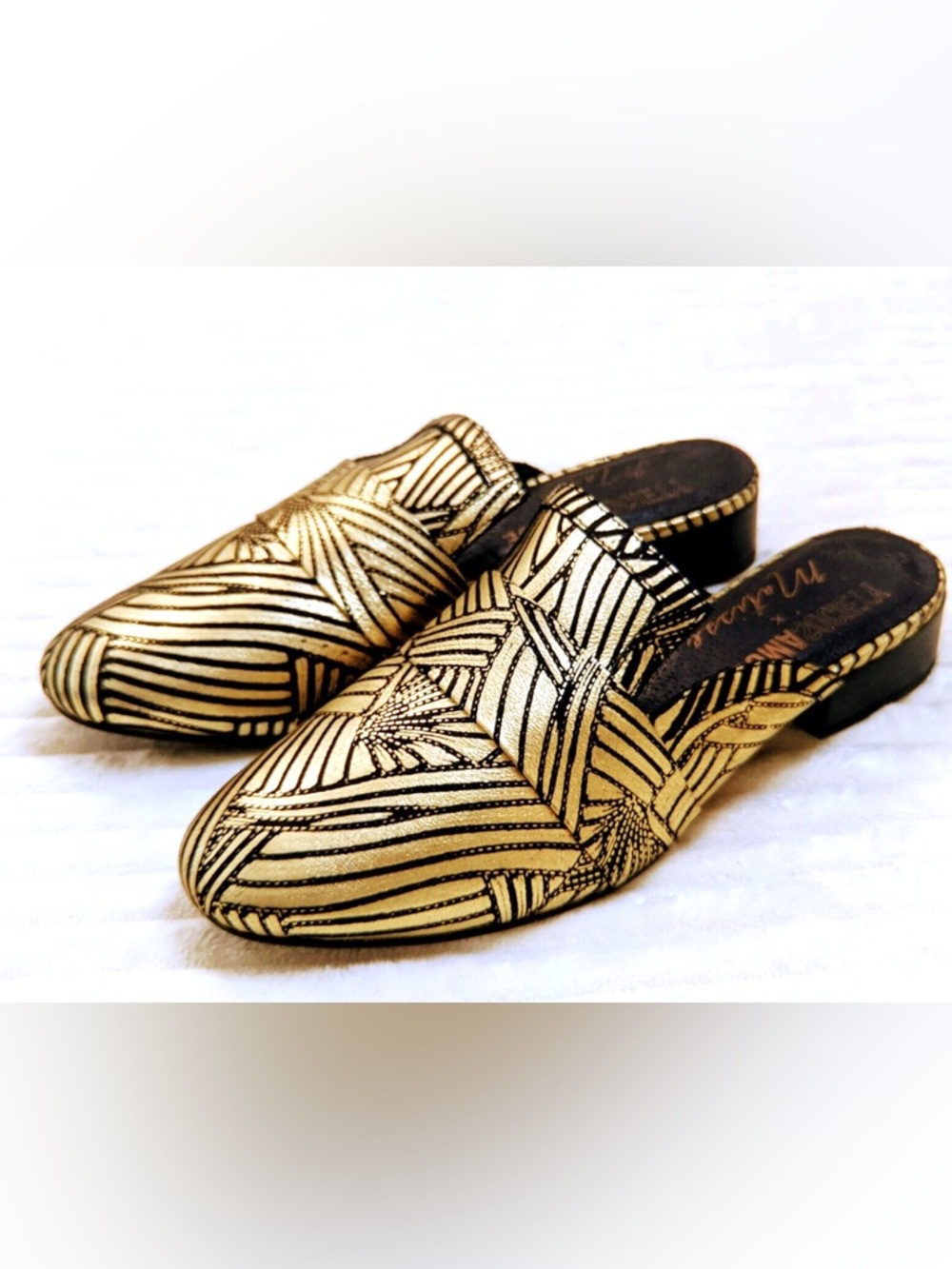 Society Amuse x Matisse Metallic Gold and Black Patterned Backless Mules